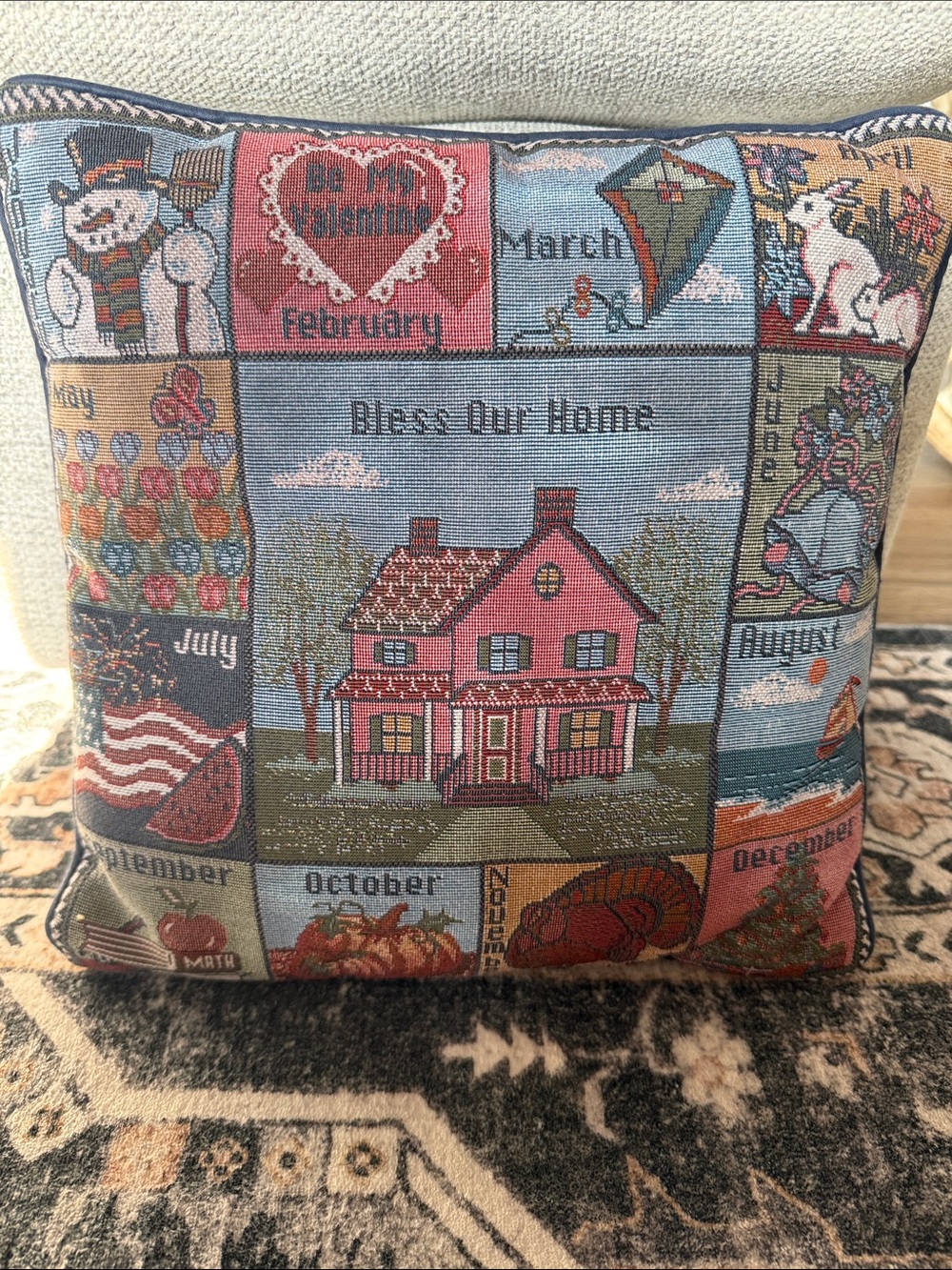 VTG tapestry Bless Our Home All Seasons Throw Pillow - Home Holiday Granny Core
